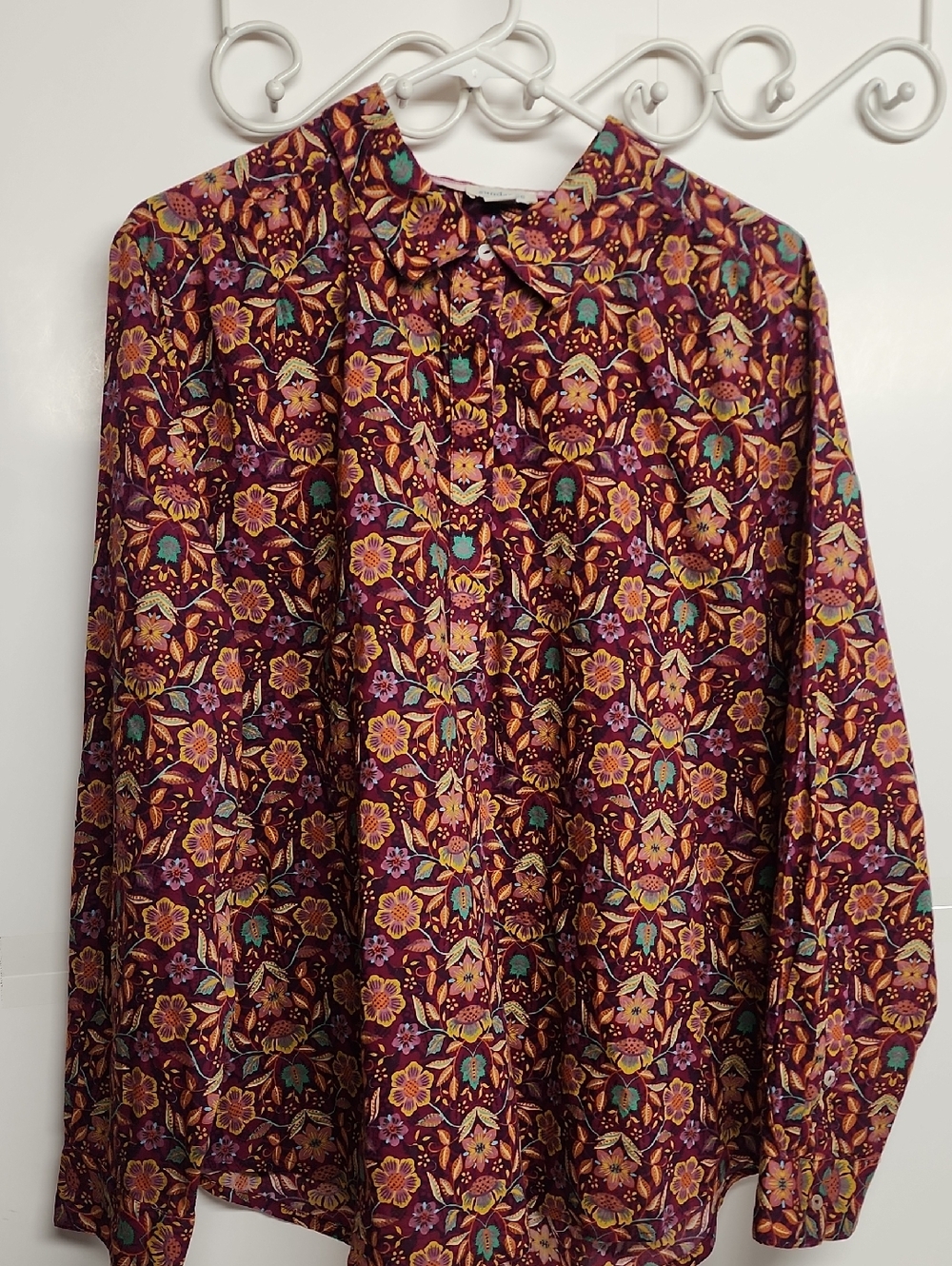 Sundance Multicolor Floral Button-Up Blouse in Burgundy, Mustard & Teal